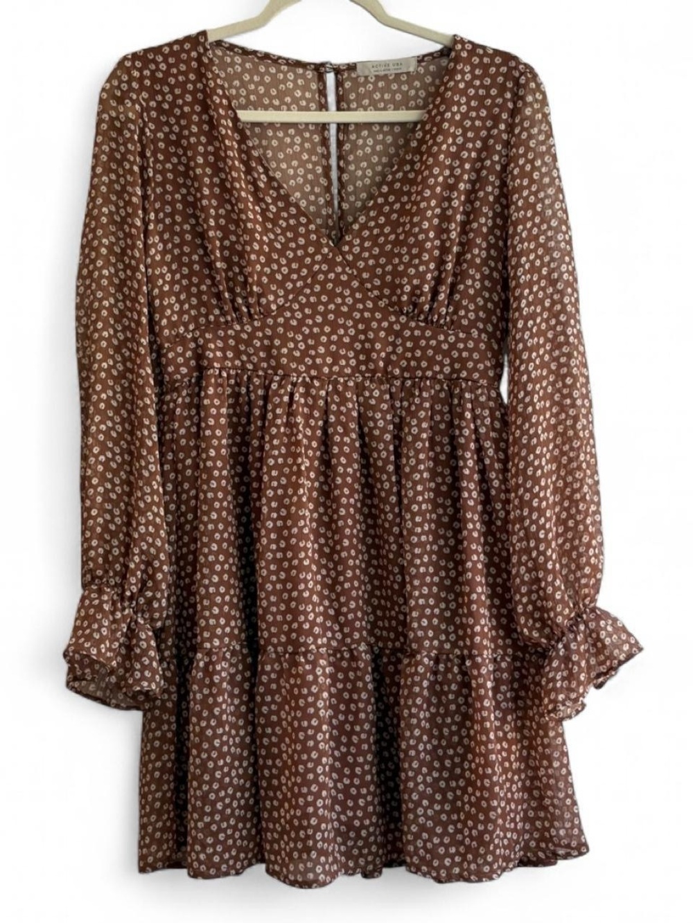 Active USA Brown Polka Dot Chiffon Long Sleeve Babydoll Mini Dress Size M